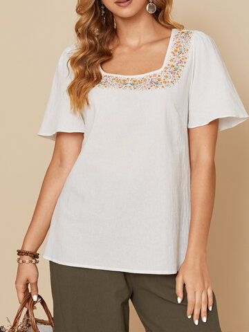 Embroidery Square Collar T-shirt