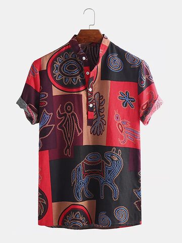 Cotton African Tribal Ethnic Totem Printed Henley Shirt