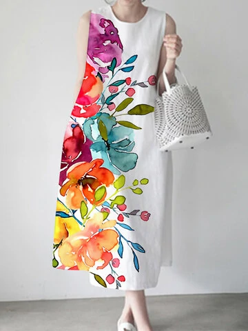 Women Flower Print Pocket Sleeveless Dress
