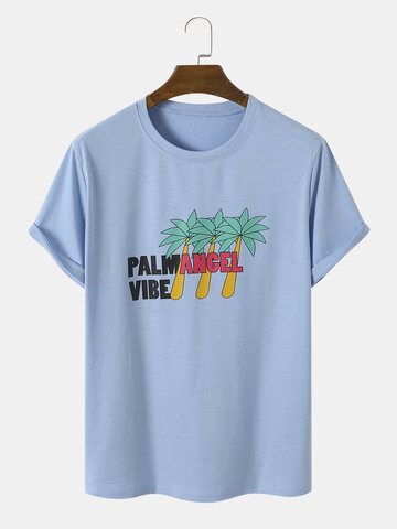 Hombres Palm Tree & Letter Print Casual All Matched Skin Friendly Crew Cuello Camisetas
