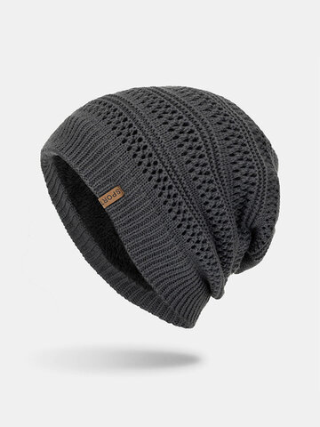 Men Hollow Knitted Solid Jacquard Beanie Hat