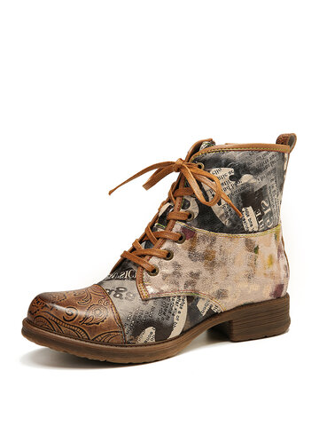 Retro Newspaper Pattern Ankle Boots