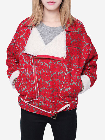 Red Floral Lace Patchwork Lapel Zipper Fleece Jacket With Belt