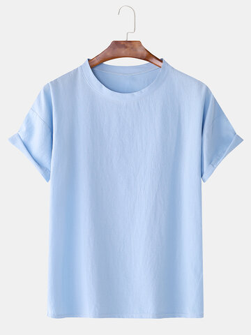 Cotton Linen 8 Colors Solid Round Neck Casual T-Shirt
