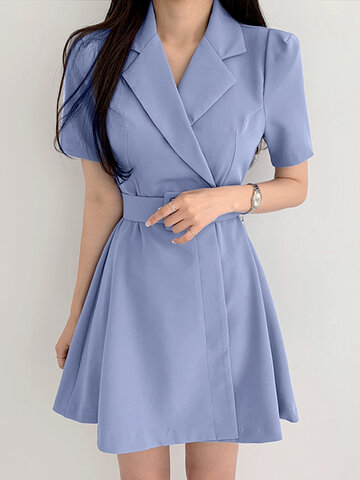 Lapel Short Sleeve A-line Dress