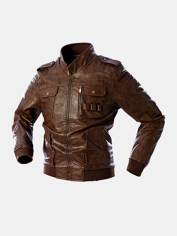 Double Chest Pocket PU Leather Thick Jackets