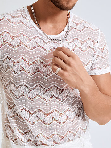 Мужская кружевная футболка с круглым вырезом Шея с коротким рукавом