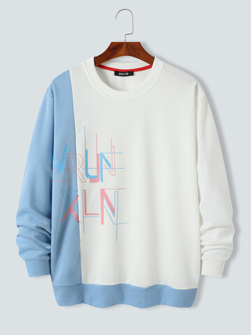 Mens Contrast Letter Print Color Block Patchwork Pullover Sweatshirts