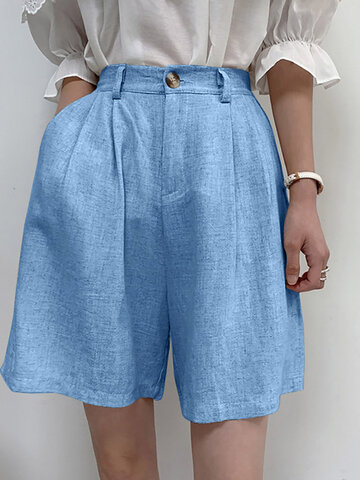 Women Solid Pocket Casual Loose Wide Leg Shorts 