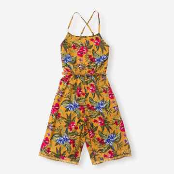Girl's Retro Floral Print Jumpsuit For 6-12Y