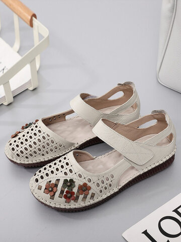 Floral Round Toe Flat Hand Sewn Casual Sandals