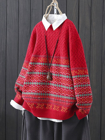 Vintage Ethnic Jacquard Print Pullover Knit Sweater