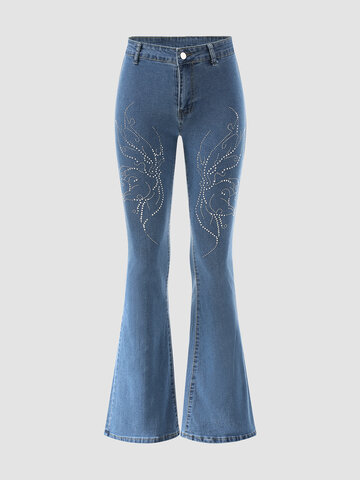 Butterfly Rhinestone Button Flared Jeans