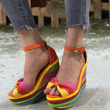 Rainbow Straw Platform Heel Heel Sandals