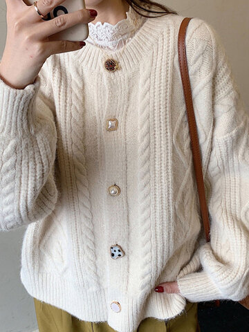Solid Cable Knit Button Cardigan
