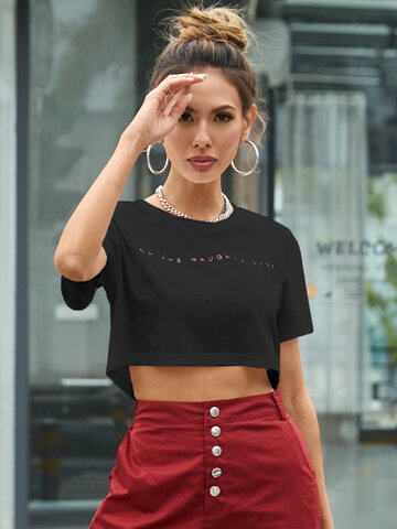 Letters Print O-neck Crop Top