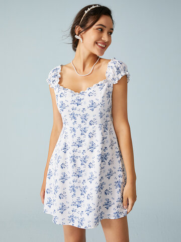 Blue Floral Print Backless Dress