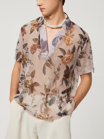 Chemise à manches courtes semi-transparente à col en V pour hommes