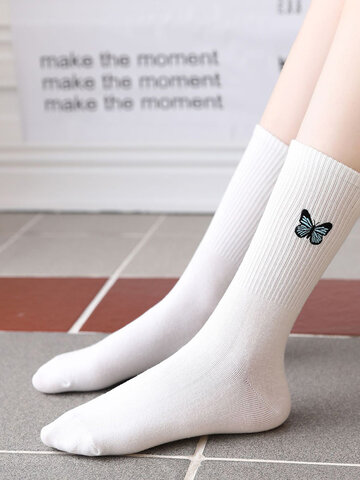 6 Pairs Women's Cotton Embroidered Butterfly Socks