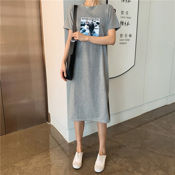 

65/35 Cotton] Short-sleeved Dress Female New Loose Long Section Over The Knee Fat Sister T-shirt Skirt