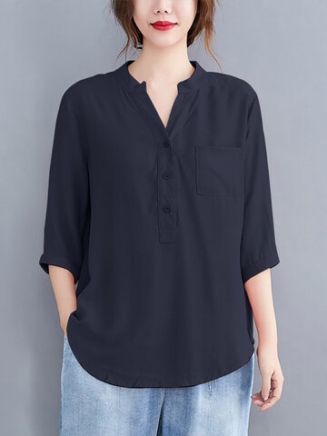 Solid Button Pocket Casual Blouse