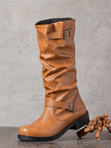 Round Toe Buckle Strap Motorcycle Boots