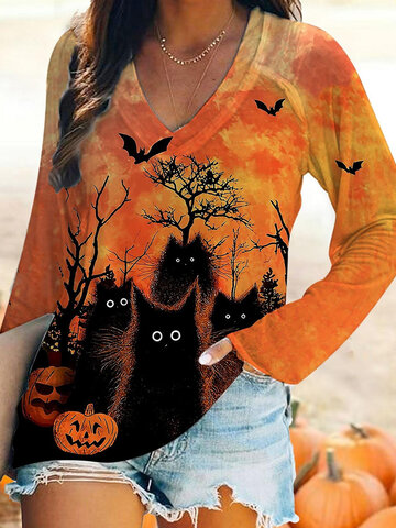 Camiseta Halloween Cat Abóbora com Gola V