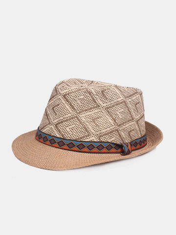 Men Straw Vintage Ethnic Pattern Top Hats