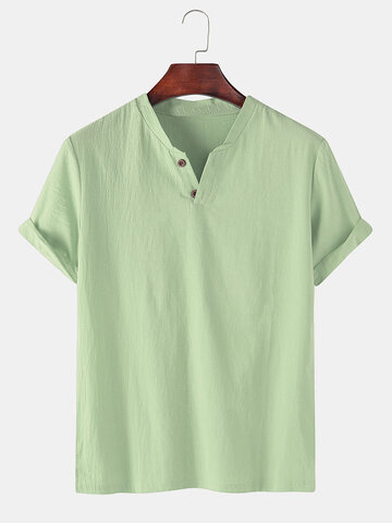 T-shirt à col en V 100 % coton de couleur unie