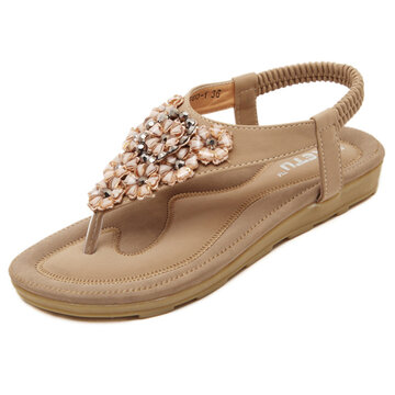 Sandales Bohémiennes Avec Perles Florales En Cristal Chaussures De Plage Plates Élastiques À Enfiler-Beige