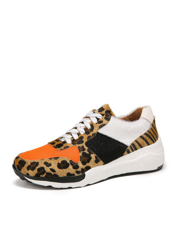 Leopard Splicing Lace Up Chunky Sneakers