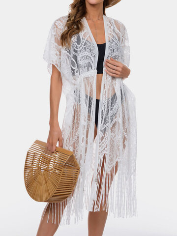 Lace Tassel Drawstring Cover-up