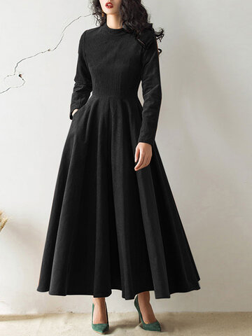 Solid Stand Collar Corduroy Dress