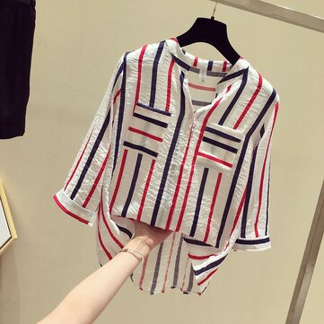 

Vertical Striped Shirt Female New Loose Seven-point Sleeve Shirt Han Fangang Wind Blue V-neck Chiffon Shirt