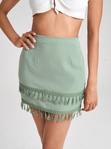 Tassel Hem Zip Mini Skirt
