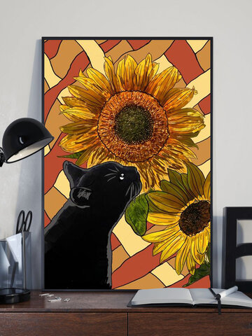 Black Cat And Sunflower Pattern Canvas Painting Unframed Wall Art Canvas Living Room Home Decor
