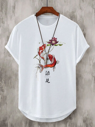 Chinese Koi Lotus Print T-Shirts