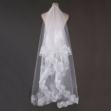 

3M Bride White Ivory Elegant Cathedral Length Wedding Bridal Veil With Lace Edge, Red white white