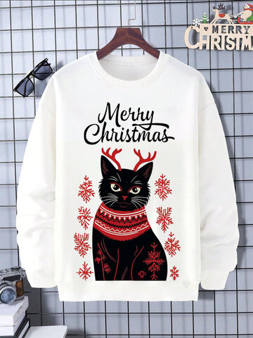 Sweat-shirts de Noël à imprimé flocon de neige et chat