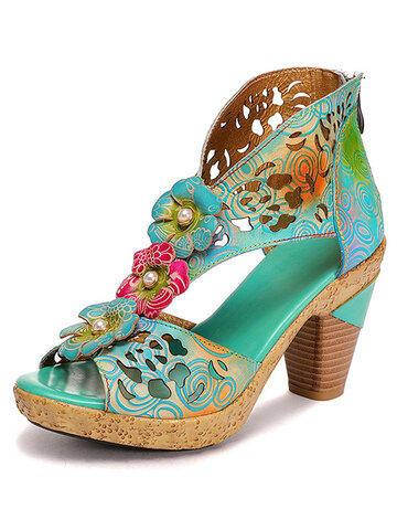 Socofy Leather Vacation Floral Heeled Sandals
