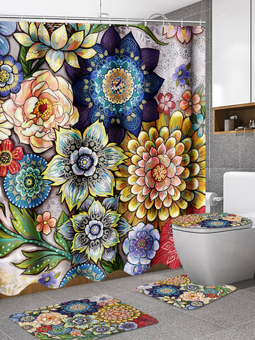 Cortinas de ducha de 180x180cm para cortina de ducha de flores de tela brillante Cuarto de baño con 12 ganchos