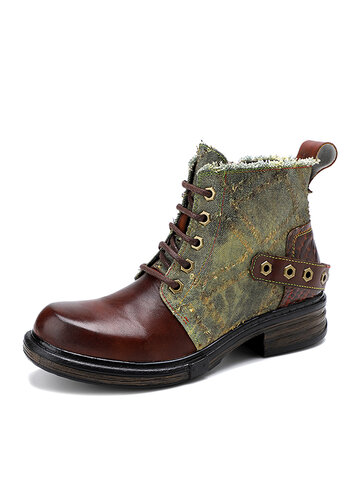 Socofy Vintage Leather Patchwork Combat Boots
