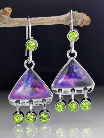 Triangle Opal Rhinestone Tassel Earrings