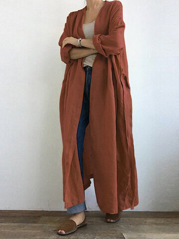 Casual Solid Color Pleated Maxi Cardigan