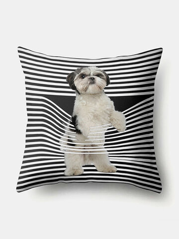 Stripe Pattern Dog Linen Cushion Cover Home Sofa Art Decor Throw Pillowcase