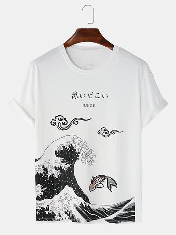 日本の波鯉プリント T シャツ