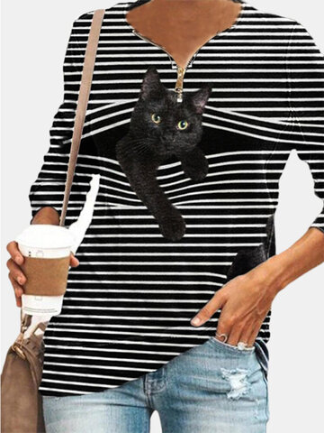 Black Cat Print Zipper T-shirt