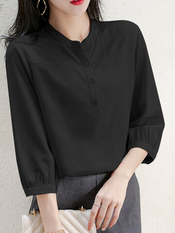 Solid Button 3/4 Sleeve Blouse