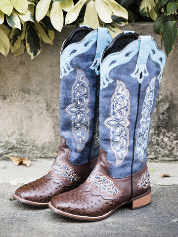 Large Size Colorblock Splicing Mid-calf Cowboy Boots