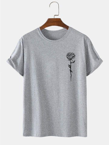 Rose Print Crew Neck Cotton T-Shirts